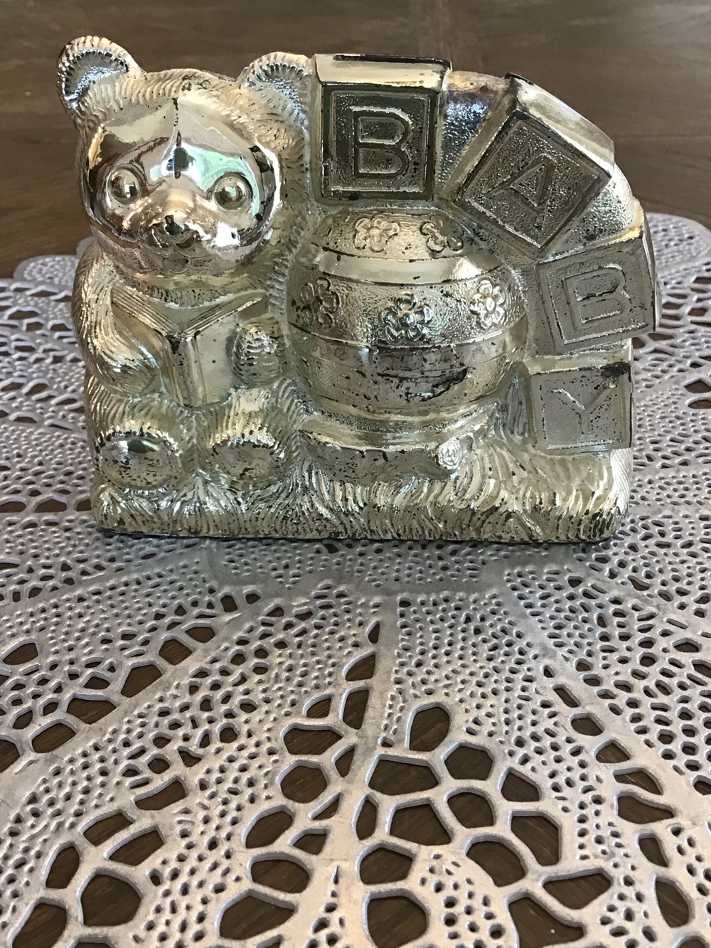 Vintage Gorham silver-plated teddy bear baby coin bank made in Japan.